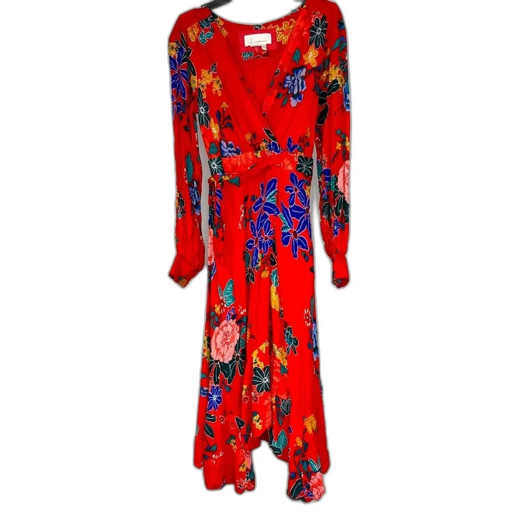 Anthropologie Boswell Textured Wrap Tunic Red Floral Midi Dress Boho 0 Brunch